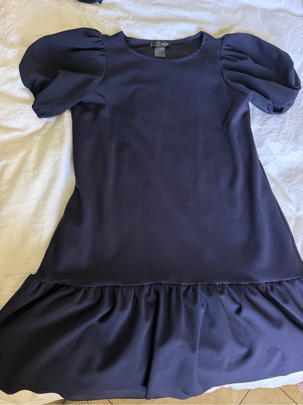 Aqua Navy Puff-Sleeve Mini Dress